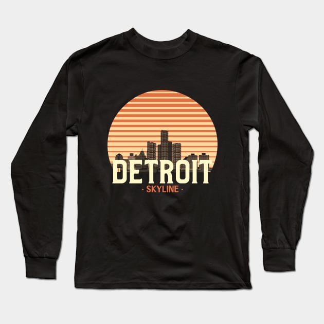 Detroit city skyline skyscraper vintage retro Long Sleeve T-Shirt by thegoldenyears